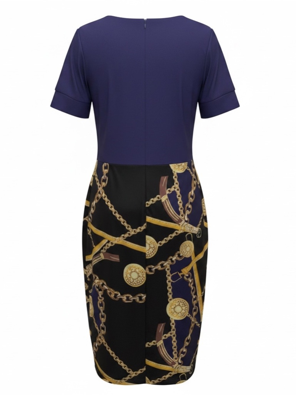 Purple Black Chain Print Dress Medium Short Sleeve Bodycon Belted Dress